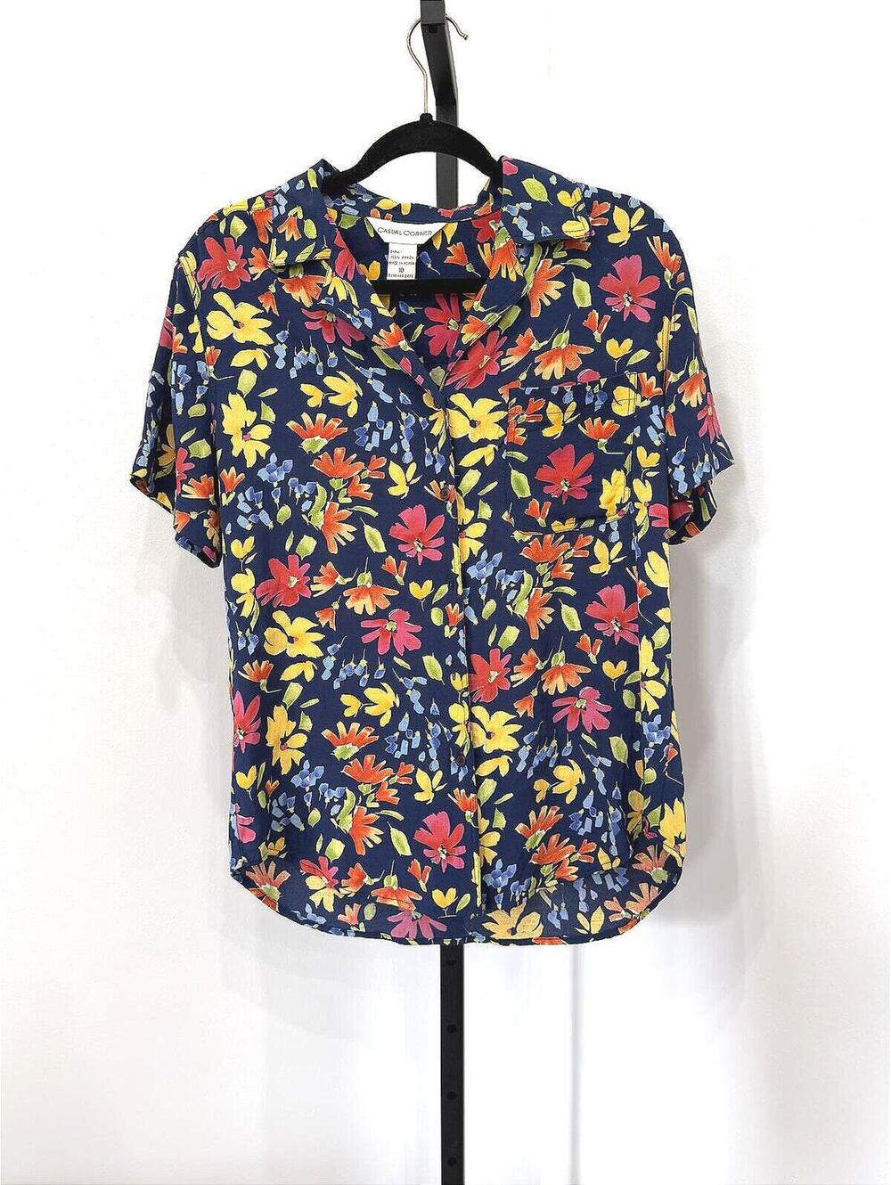 Casual Corner Navy Floral Rayon Blouse Size 10